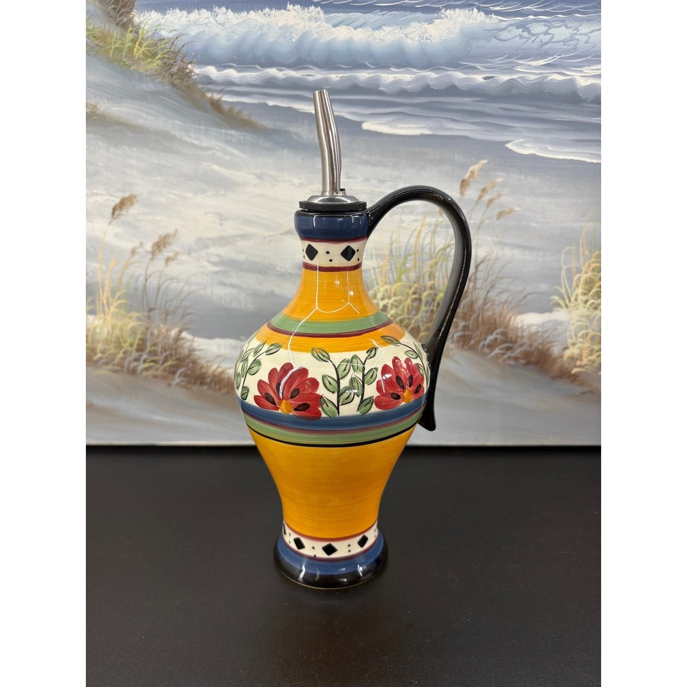 Pier 1 Alexandria Hand Painted Earthenware Oil Vinegar Cruet Floral Yellow Red